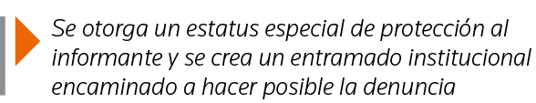  Se otorga un estatus especial de protección al informante y se crea un entramado institucional encaminado a hacer po   