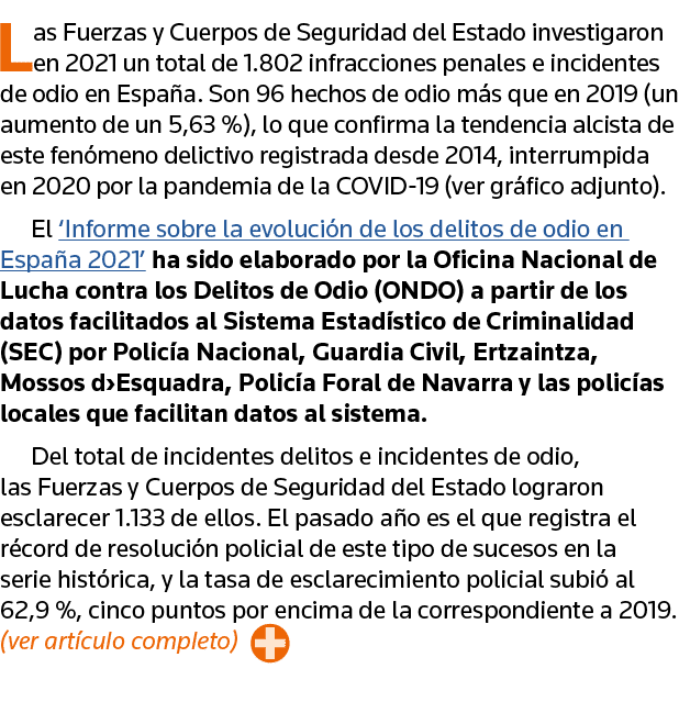 Las Fuerzas y Cuerpos de Seguridad del Estado investigaron en 2021 un total de 1 802 infracciones penales e incidente   