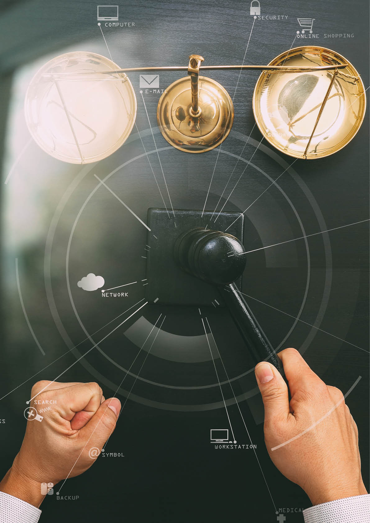 justice and law concept Top view of Male judge hand in a courtroom with the gavel and brass scale on dark wood table with Vr diagram