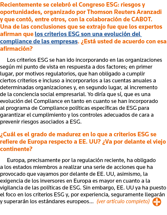 Recientemente se celebró el Congreso ESG: riesgos y oportunidades, organizado por Thomson Reuters Aranzadi y que cont   