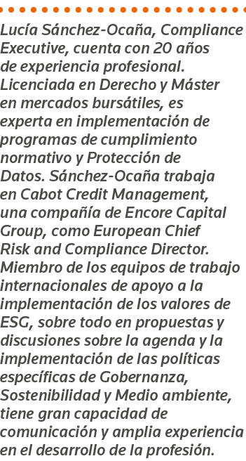 Lucía Sánchez-Ocaña, Compliance Executive, cuenta con 20 años de experiencia profesional  Licenciada en Derecho y Más   