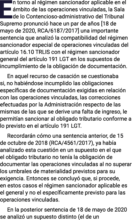 En torno al régimen sancionador aplicable en el ámbito de las operaciones vinculadas, la Sala de lo Contencioso-admin   