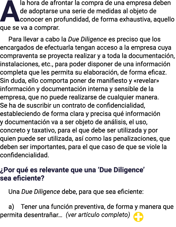 A la hora de afrontar la compra de una empresa deben de adoptarse una serie de medidas al objeto de conocer en profun   
