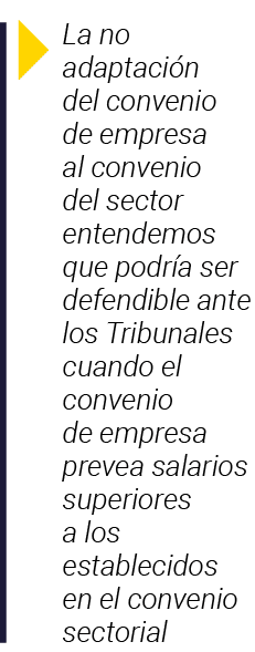  La no adaptación del convenio de empresa al convenio del sector entendemos que podría ser defendible ante los Tribun   
