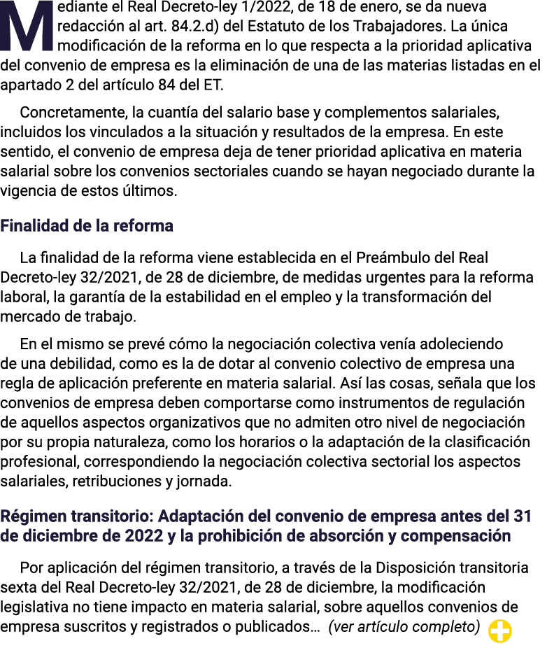 Mediante el Real Decreto-ley 1 2022, de 18 de enero, se da nueva redacción al art  84 2 d) del Estatuto de los Trabaj   