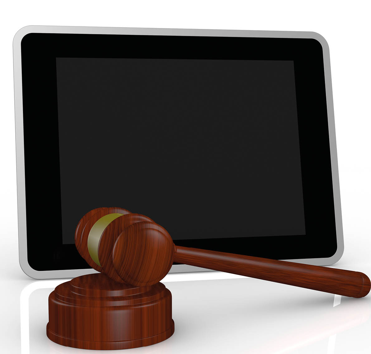 one tablet pc with a gavel, a concept of online auction or cyber crime (3d render)