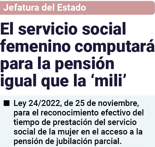 Jefatura del Estado El servicio social femenino computará para la pensión igual que la  mili    Ley 24 2022, de 25 de   