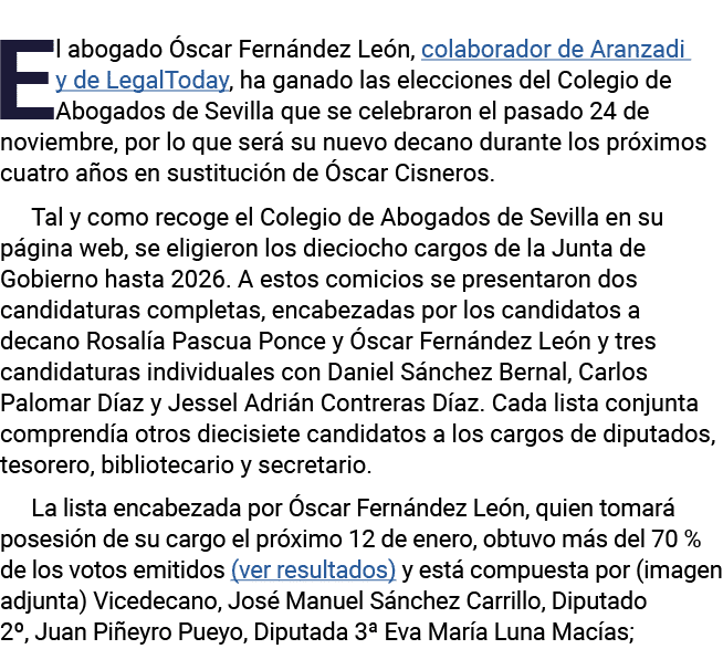 El abogado Óscar Fernández León, colaborador de Aranzadi y de LegalToday, ha ganado las elecciones del Colegio de Abo   
