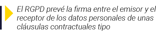  El RGPD prevé la firma entre el emisor y el receptor de los datos personales de unas cláusulas contractuales tipo
