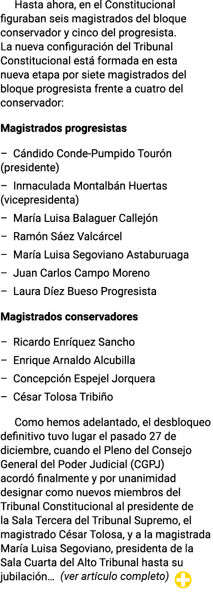 Hasta ahora, en el Constitucional figuraban seis magistrados del bloque conservador y cinco del progresista  La nueva   
