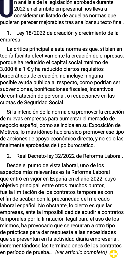 Un análisis de la legislación aprobada durante 2022 en el ámbito empresarial nos lleva a considerar un listado de aqu   