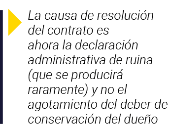  La causa de resolución del contrato es ahora la declaración administrativa de ruina (que se producirá raramente) y n   