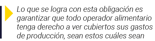  Lo que se logra con esta obligación es garantizar que todo operador alimentario tenga derecho a ver cubiertos sus ga   