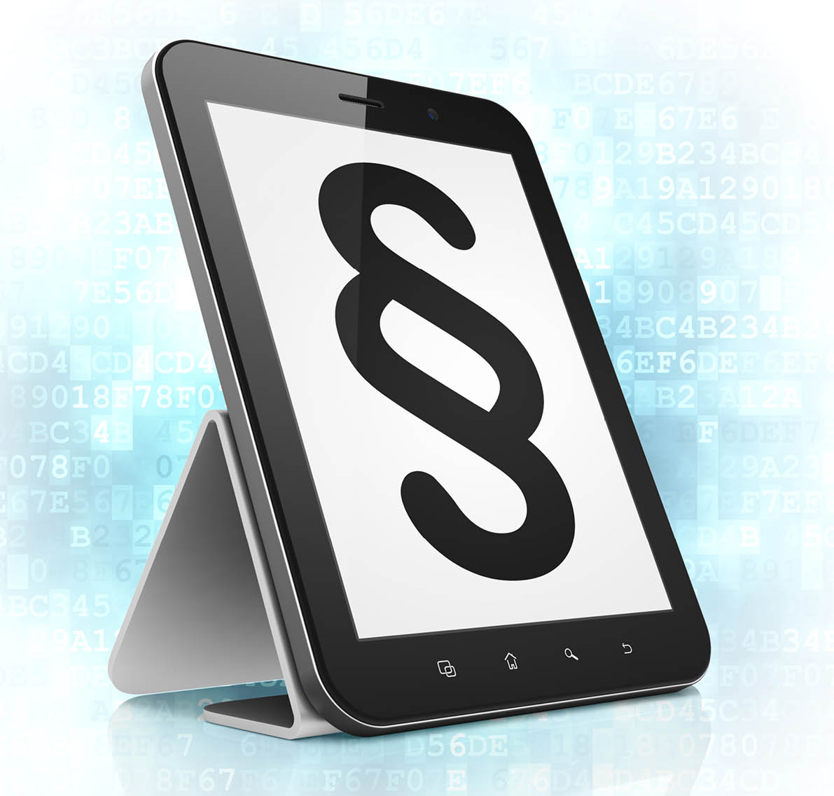 Law concept: black tablet pc computer with Paragraph icon on display  Modern portable touch pad on Blue Digital background, 3d render