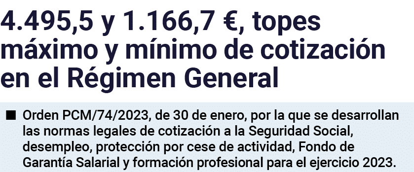 4 495,5 y 1 166,7  , topes máximo y mínimo de cotización en el Régimen General   Orden PCM 74 2023, de 30 de enero, p   
