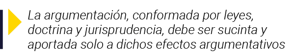  La argumentación, conformada por leyes, doctrina y jurisprudencia, debe ser sucinta y aportada solo a dichos efectos   