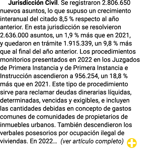 Jurisdicción Civil  Se registraron 2 806 650 nuevos asuntos, lo que supuso un crecimiento interanual del citado 8,5 %   