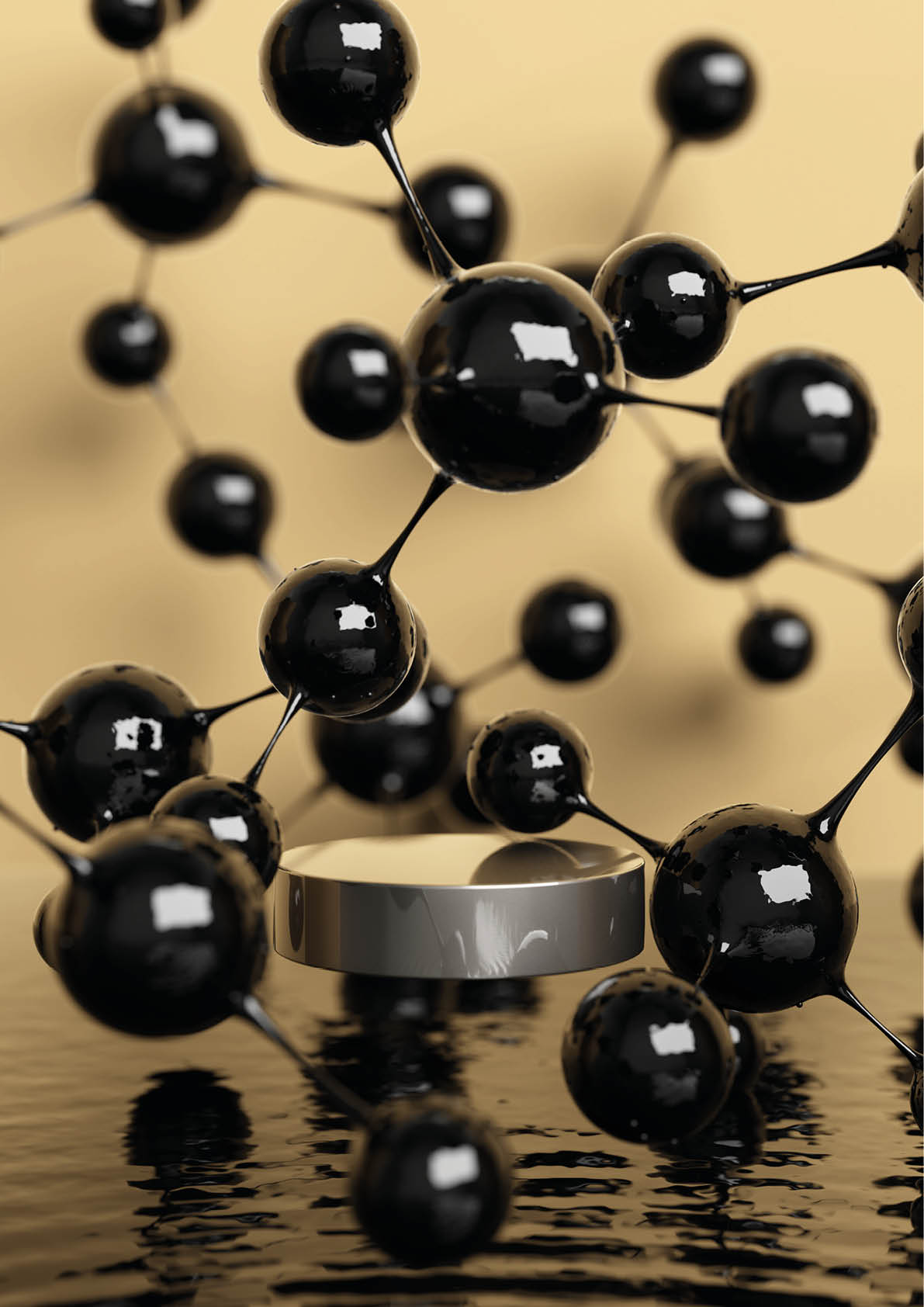 atom molecule particle black biology chemistry advertisement cosmetic science technology product display podium laboratory research experiment  Natural energy crude oil or petroleum  3D illustration 