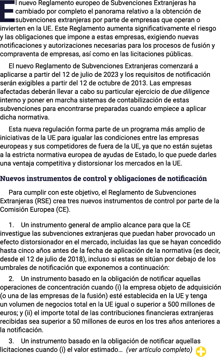 El nuevo Reglamento europeo de Subvenciones Extranjeras ha cambiado por completo el panorama relativo a la obtención    