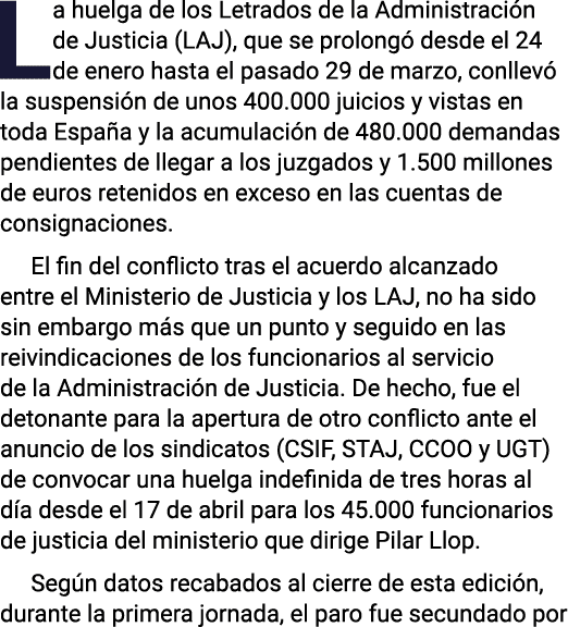 La huelga de los Letrados de la Administración de Justicia (LAJ), que se prolongó desde el 24 de enero hasta el pasad   