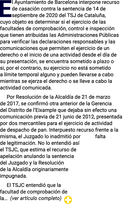 El Ayuntamiento de Barcelona interpone recurso de casación contra la sentencia de 14 de septiembre de 2020 del TSJ de   