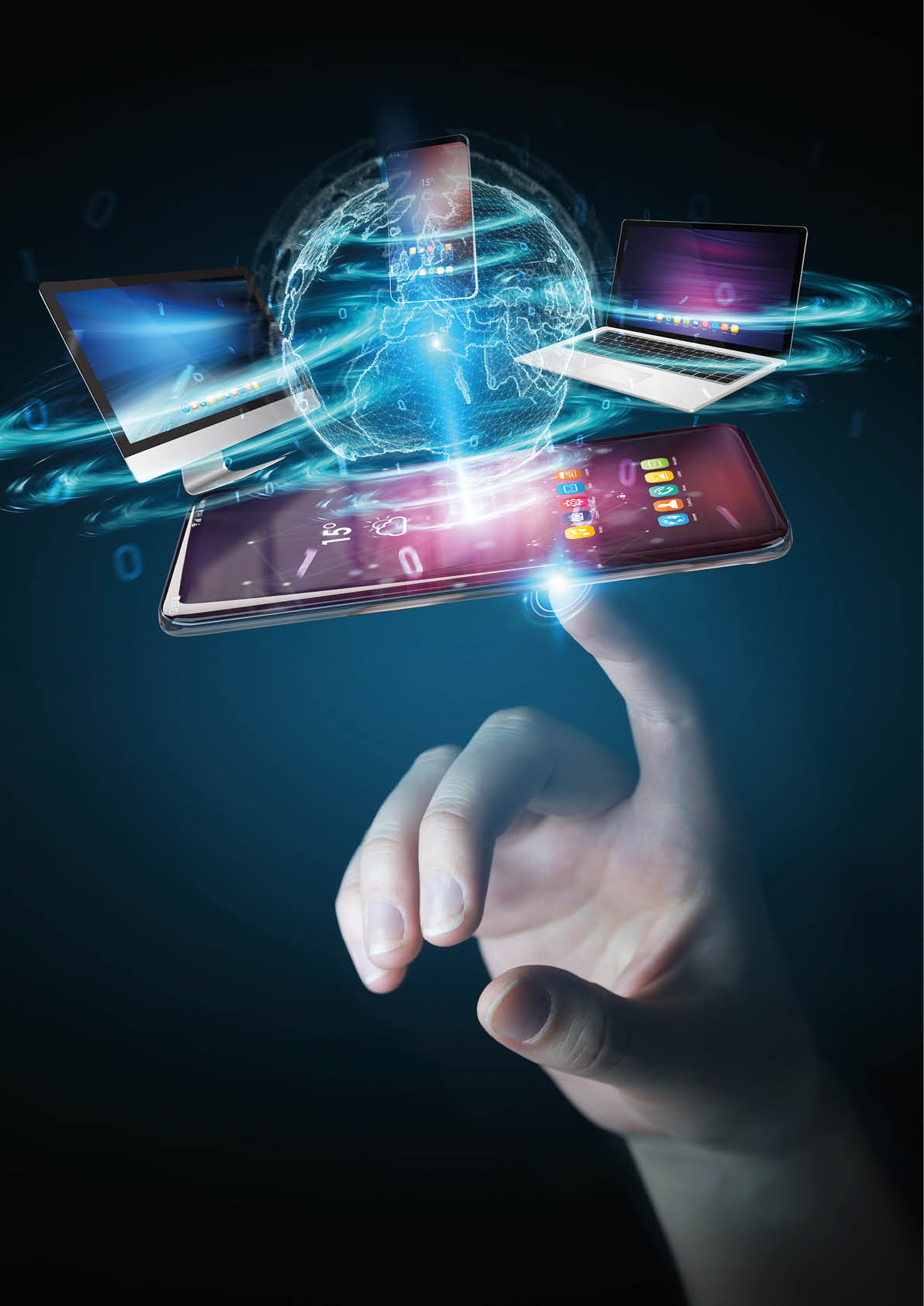 Modern devices connected to each other in businesswoman hand 3D rendering