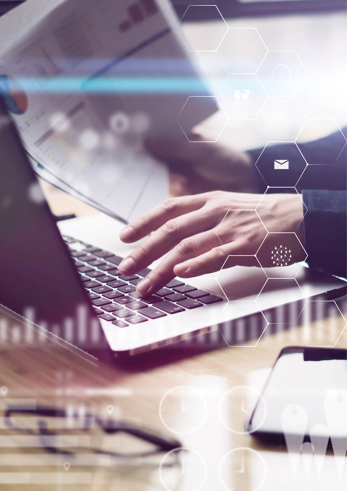 Closeup view of digital screen,virtual connection icon,diagram,graph interfaces Man working with laptop at office Reflections on glass surface Vertical Visual effects