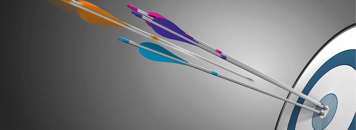Three arrow hitting a target bullseye plus an orange one in motion about to hit the center  Concept image for competitiveness or business performance 
