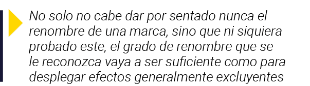  No solo no cabe dar por sentado nunca el renombre de una marca, sino que ni siquiera probado este, el grado de renom   