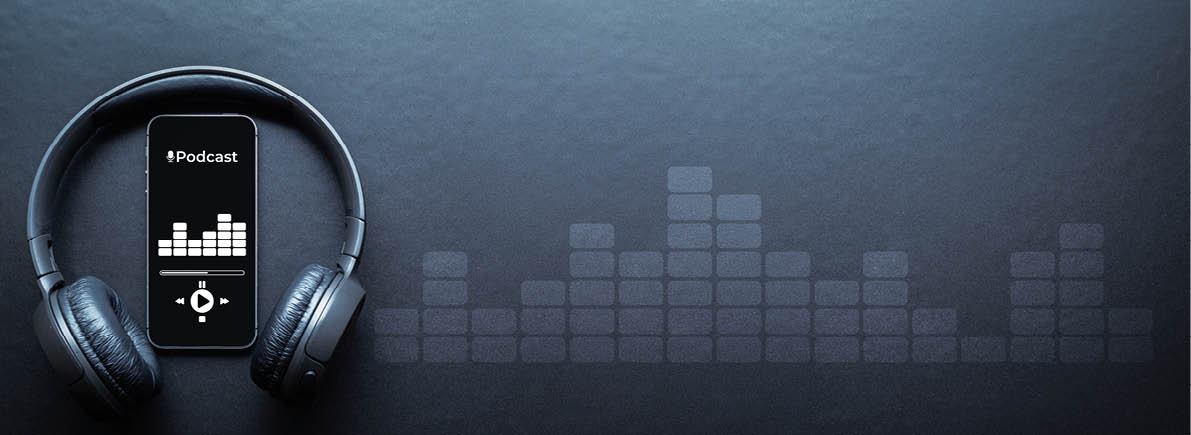 Podcast music  Mobile smartphone screen with podcast application, sound headphones  Audio voice with radio microphone on black background  Broadcast media music banner with copy space