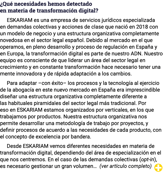  Qué necesidades hemos detectado en materia de transformación digital  ESKARIAM es una empresa de servicios jurídicos   