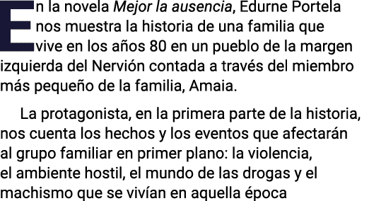 En la novela Mejor la ausencia, Edurne Portela nos muestra la historia de una familia que vive en los años 80 en un p   