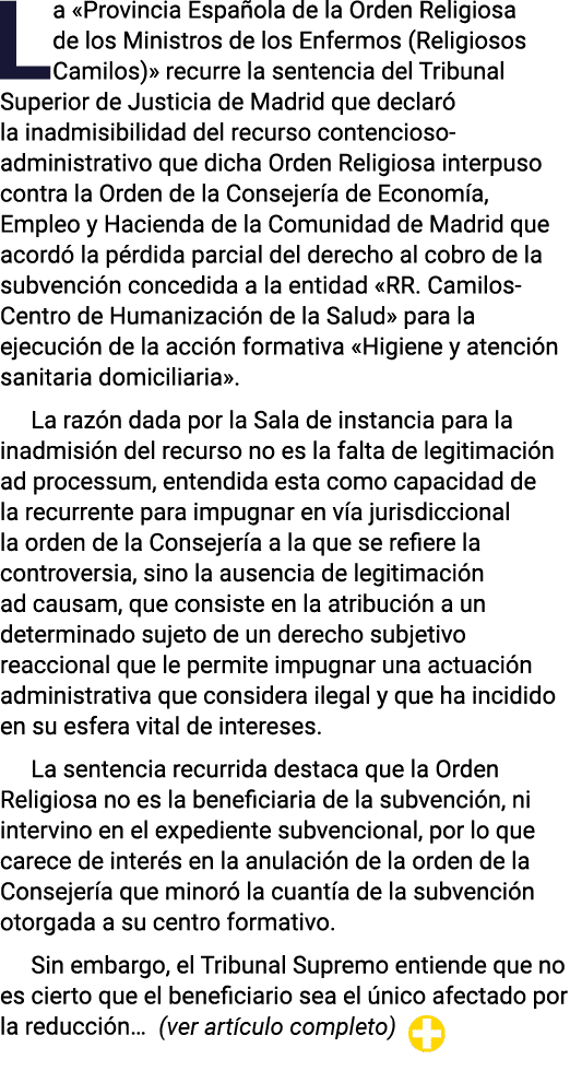 La  Provincia Española de la Orden Religiosa de los Ministros de los Enfermos (Religiosos Camilos)  recurre la senten   