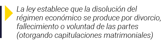  La ley establece que la disolución del régimen económico se produce por divorcio, fallecimiento o voluntad de las pa   