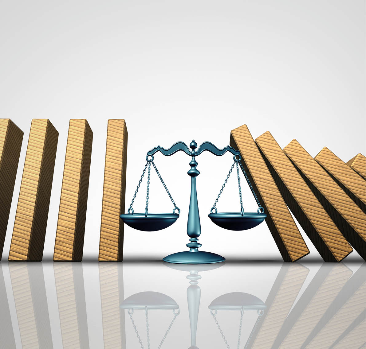 Legal help and lawyer services concept as a group of falling domino pieces being supported by a justice scale as a law aid and solving problems metaphor as a 3D illustration 