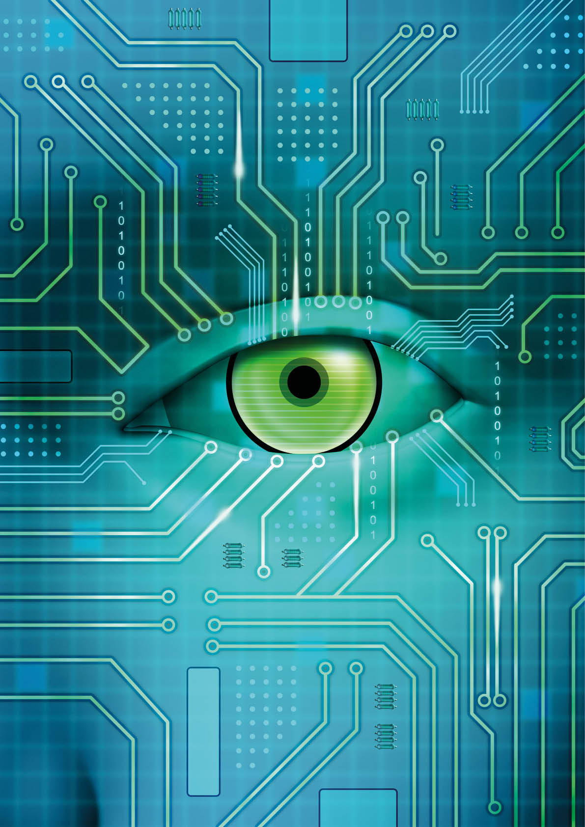 An open eye merges with a printed circuit board  Digital illustration 