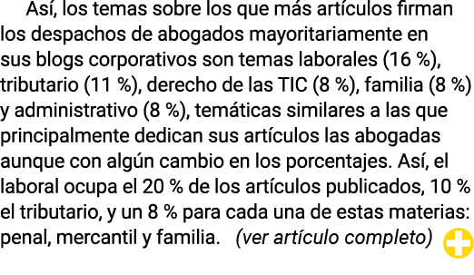 Así, los temas sobre los que más artículos firman los despachos de abogados mayoritariamente en sus blogs corporativo   