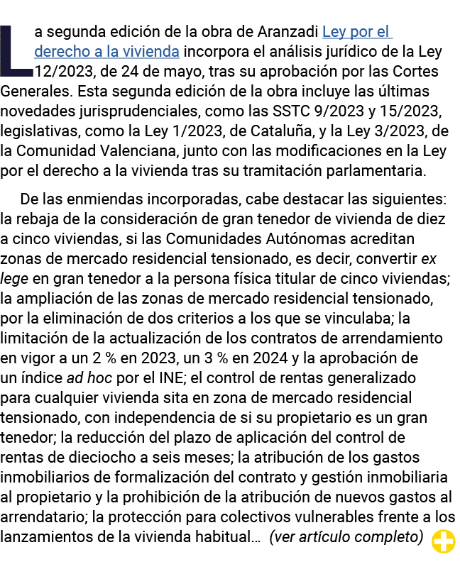 La segunda edición de la obra de Aranzadi Ley por el derecho a la vivienda incorpora el análisis jurídico de la Ley 1   