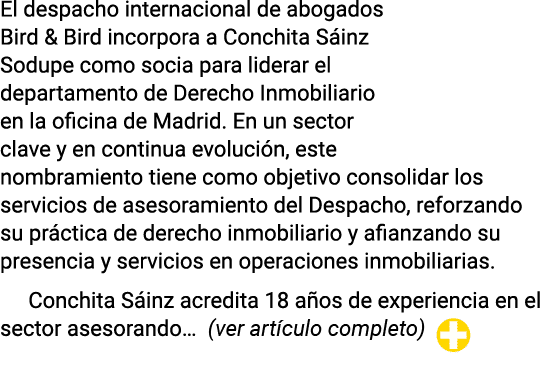 El despacho internacional de abogados Bird & Bird incorpora a Conchita Sáinz Sodupe como socia para liderar el depart   