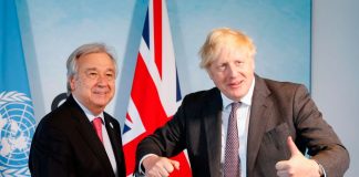 ‘Campana de alarma’: el jefe de la ONU y el primer ministro del Reino Unido convocan a los líderes sobre el cambio climático El primer ministro británico, Boris Johnson, saluda al secretario general de la ONU, Antonio Guterres, antes de una reunión bilateral, durante la cumbre del G7 en Carbis Bay, Cornualles, Gran Bretaña, el 12 de junio de 2021. Adrian Dennis/Pool vía REUTERS