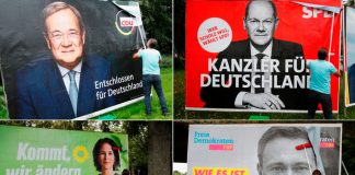 La ventaja de los socialdemócratas alemanes se reduce días antes de las elecciones Una combinación de cuatro imágenes muestra pancartas de los principales candidatos de Alemania para las elecciones generales alemanas del 26 de septiembre que se colocan en grandes tableros. La fila superior muestra a Armin Laschet del Partido de la Unión Demócrata Cristiana CDU y Olaf Scholz del Partido Socialdemócrata SPD de Alemania. La fila inferior muestra a la candidata del Partido Verde Annalena Baerbock y Christian Lindner del Partido Democrático Libre FDP, en Bonn, Alemania, el 20 de septiembre de 2021. REUTERS/Wolfgang Rattay