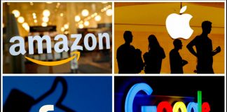 La UE establece nuevas normas en línea para Google y Meta para frenar el contenido ilegal Los logotipos de Amazon, Apple, Facebook y Google en una foto combinada