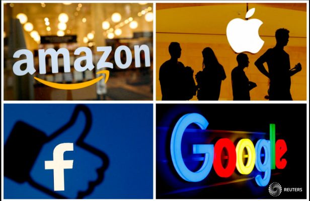 Los logotipos de Amazon, Apple, Facebook y Google en una foto combinada