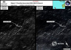 Imágenes por satélite proporcionadas por la Autoridad Australiana de Seguridad Marítima (AMSA, por sus siglas en inglés) el 20 de marzo que muestran unos objetos que podrían ser restos de vuelo MH370 de Malaysia Airlines en una zona a 185 km al sureste de