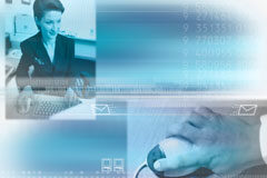 La actualidad del Derecho, con nuevos ojos Un rectángulo azul donde se ve a una mujer leyendo en el ordenador en otra parte la mano de un hombre manejando el ratón del ordenador, arriba a la derecha números, y en la parte inferior izqda. el dibujo en pequeño de 2 ordenadores