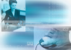 Un rectángulo azul donde se ve a una mujer leyendo en el ordenador en otra parte la mano de un hombre manejando el ratón del ordenador, arriba a la derecha números, y en la parte inferior izqda. el dibujo en pequeño de 2 ordenadores