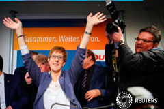 Los conservadores de Merkel se fortalecen en las elecciones de Sarre Annegret Kramp-Karrenbauer, ministra-presidenta de Sarre y candidata por el partido Unión Demócrata Cristiana (CDU) de Merkel reacciona al resultado de las elecciones en el estado en Saarbrücken, Alemania. 26 de marzo, 2017