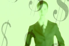 Asesores Fiscales y Seguridad Jurídica Sobre un fondo verde y con símbolos de 'dinero' una persona de vestida con traje