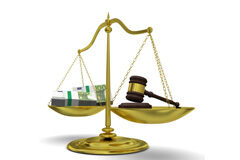 El Estado destina a Justicia un total de 1.926 millones de euros en 2018, un 3,1% más que el año anterior Balanza con un mazo y dinero en los extremos