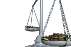 Justicia reconoce que no sabe dónde han ido a parar los 500 millones recaudados con la Ley de tasas Una balanza y a cada lado monedas de euro